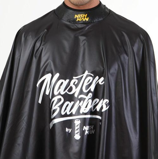 Supplied script-branded black barber cape inspiration; third-party example